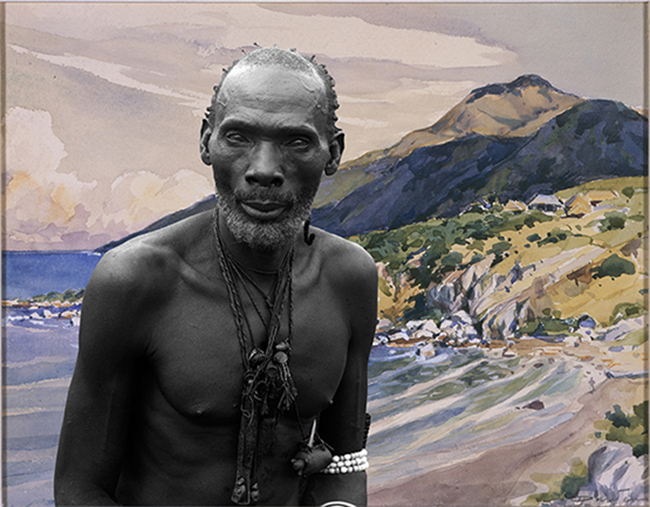 Sammy Baloji. <em>Portrait #1: Kalamata, chief of the Luba against watercolor by Dardenne</em>, from the series <em>Congo Far West</em>, 2011. digital photograph on Hahnemühle paper, 100 x 128 cm. Courtesy the artist and Axis Gallery, NY/NJ. Kalamata